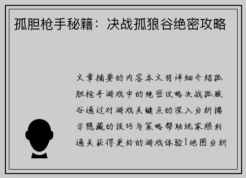孤胆枪手秘籍：决战孤狼谷绝密攻略